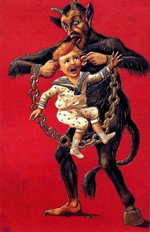 ex0skeletal:  Krampus is a beast-like creature from the folklore of Alpine countries thought to punish children during the Christmas season who had misbehaved, in contrast with Saint Nicholas, who rewards well-behaved ones with gifts. Krampus is said