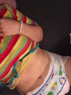 pretty-littl3-babydoll:Fav combination at the moment is preschool diapers from abu and my rainbow onesie from abdlmarketplace 