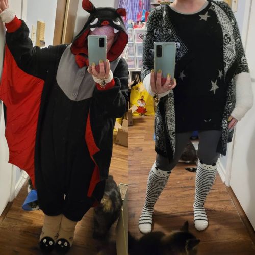 The heat went out at work, so I wore my bat kigu and sheep boots over my regular warm work outfit to