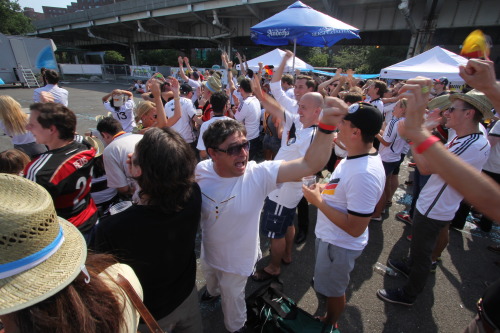 World Cup 2014. Germany 7 - Brazil 1  8 July 2014, 4:00 pm. Zum Schneider Outdoor Viewing Party, Kips Bay
We stood in a parking lot adjacent to the East River, which was renovated to a biergarten by the German restaurant Zum Schneider, who even have...