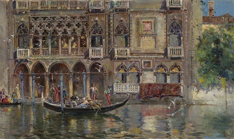 Antonio María de Reyna Manescau (1859–1937)Scorcio con gondola e palazzo veneziano