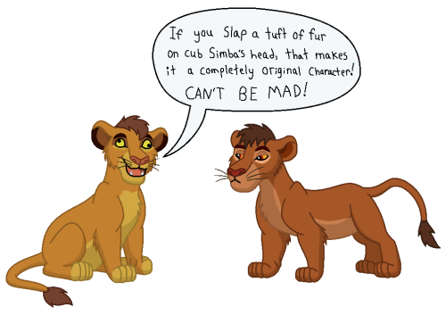 My redesign of the infamous Kopa meeting his book counterpart.
—–
Nice, you combined their colors to make him more brownish. Yeah I’m not fond of the Simba clone in the books, either.