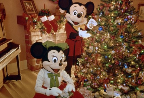 Mickey and Minnie setting up Christmas decorations in 1989.