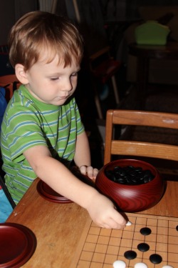 dadhowto:   If you know how to play Weiqi / Igo / Baduk already, or are interested in it, your kid can be a good player with you. I started teaching Kid the very small basics at age 3, mostly the capture game, first capture wins. He’s 6 years old as