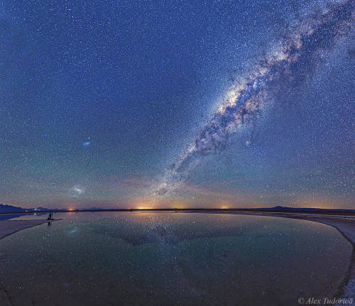 Magellanic Cloud galaxies and the Milky Way seen above the Salar de Atacama salt flat (and reflected