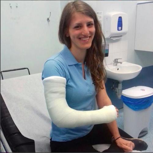 Seems very happy with her freshly casted arm