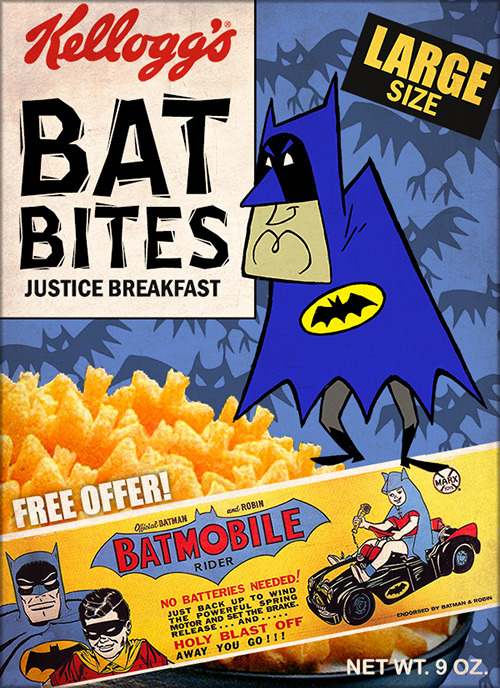 longlivethebat-universe:  Batman cereals….wish these were real  artwork by Phil Postma