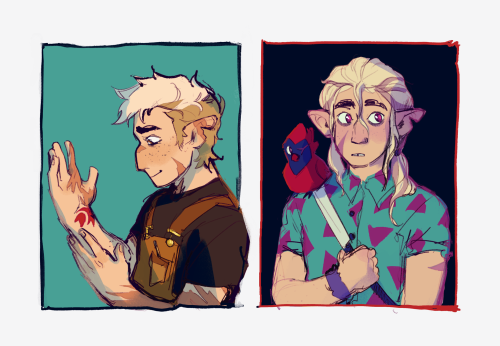 Two drawings of Hunter from The Owl House, with small solid color squares behind each.
On the left, Hunter looks close to his latest design. He has many scars, brown eyes, a short haircut; he's wearing a black t-shirt and a brown apron. He's looking down at his right wrist, on which there is a red bird-shaped tattoo, and he's smiling fondly. He's colored with warm colors and the background behind him is turquoise.
On the right, Hunter fits his human realm timeskip montage design. He has a scar on his cheek, pink eyes, and very long hair (reaching almost his chest) in a ponytail; he's wearing a turquoise button-up shirt with pink triangles on it, a bag, and a purple fuzzy bracelet on his right wrist. He's looking off-camera with a surprised espression. Flapjack is sitting on his right shoulder. Colors are pink-ish and the background behind him is nearly black.