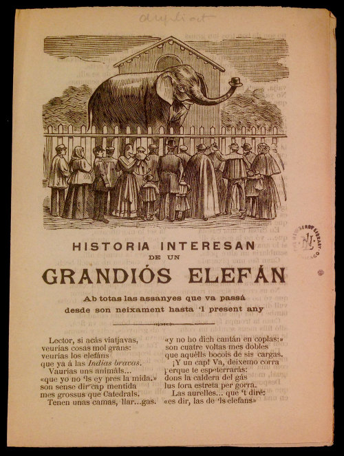 Historia interesan de un grandiós elefán ab totas las assanyes que va passá desde son neixament hast