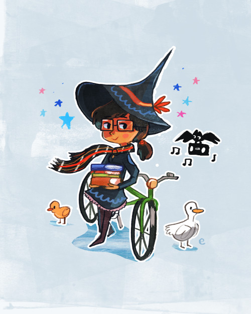 my witchsona!! she can summon ducks from anywhere in the world. she loves reading and biking and has