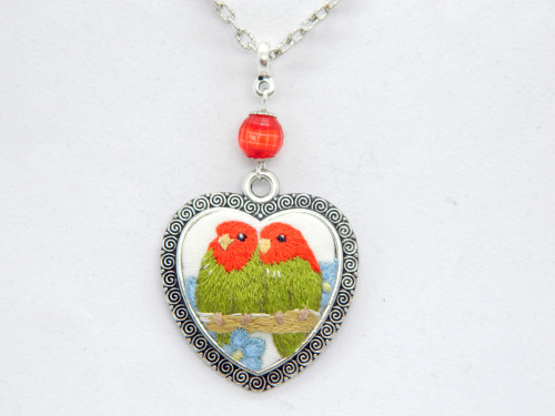 The elegant necklace &ldquo;The lovebird cupe&rdquo; with painting micro embroidery on cotto