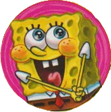 pink sticker of spongebob. he is blushing and has his hands clasped together as though he is flattered.