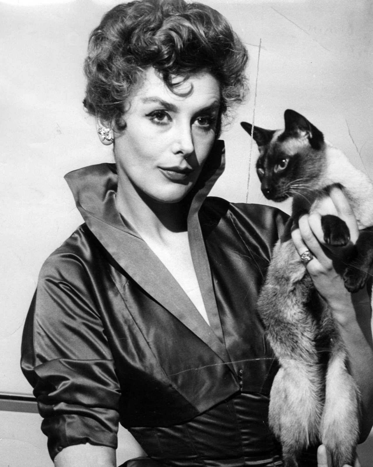 vintage-every-day:One can only guess why the Siamese in Kay Kendalls’s arm was