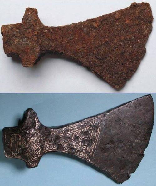 Axe from Viking era, before and after conservation 10th–11th century