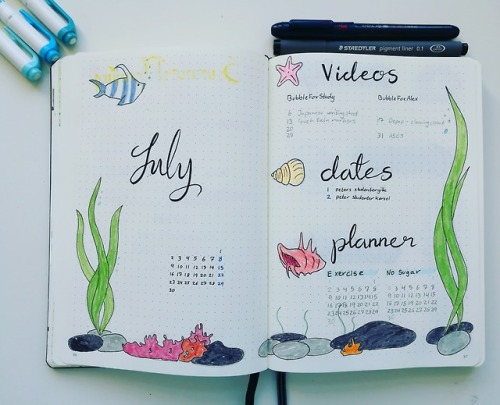 BuJo July spread. This month theme is the ocean, since I find it summery!My Youtube