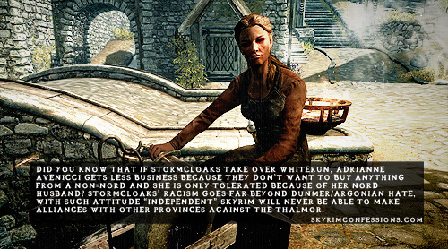 skyrimconfessionss:  “Did you know that if Stormcloaks take over Whiterun, Adrianne Avenicci gets less business because they don’t want to buy anything from a non-Nord and she is only tolerated because of her Nord husband? Stormcloaks’ racism
