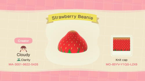 acnhcustomdesigns:strawberry beanie designed by cloudy of clarity