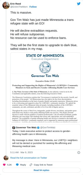 reasonsforhope:vaspider:ALTView on TwitterMinnesota governor signs executive order protecting rights to gender affirming care“Gov. Tim Walz signed an executive order Wednesday protecting the rights of LGBTQ people from Minnesota and other states