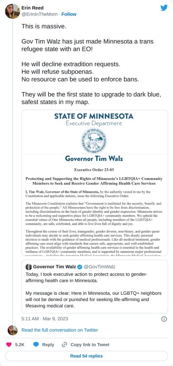 reasonsforhope:vaspider:ALTView on TwitterMinnesota governor signs executive order protecting rights to gender affirming care“Gov. Tim Walz signed an executive order Wednesday protecting the rights of LGBTQ people from Minnesota and other states