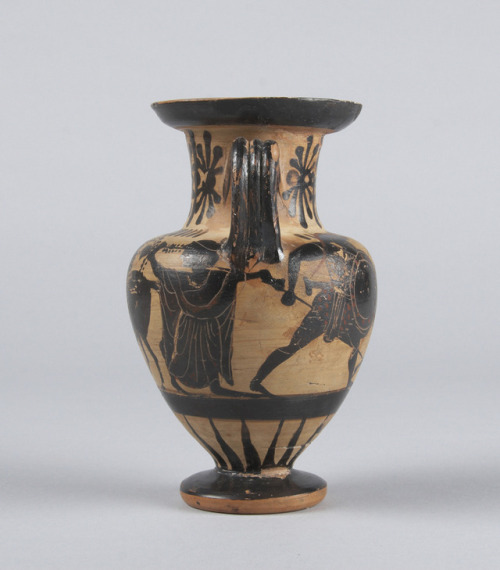 fishstickmonkey: Black-figure/White-ground neck-amphora: Silenus/WarriorsGreek, Attic, ca. 500&ndash