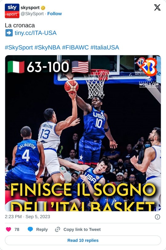 La cronaca ➡️ https://t.co/ny9tCKnkoy#SkySport #SkyNBA #FIBAWC #ItaliaUSA pic.twitter.com/higdrsEeMV  — skysport (@SkySport) September 5, 2023