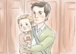 diminuel:  Textbooks and a baby. — This is based on an ask about Cas having a kid in high-school and Dean watching them from afar because he probably broke up with Cas. And while I drew this I kept thinking about how people would always come up to Cas
