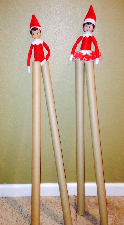 Elf on the Shelf Stilts Chippy and candy are walking high on wrapping paper stilts.