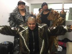 respectthisring:  The Crew (Cortez Castro, Bael and Mr. Cisco) and Ricochet sporting Johnny Mundo’s entrance coats