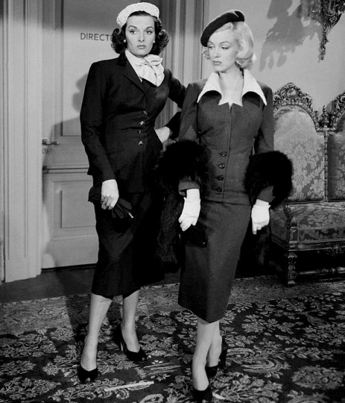 Marilyn Monroe and Jane Russell on the set of Gentlemen Prefer Blondes, 1952.