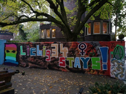 “Liebig34 Stays!”Mural in Mönchengladbach,Germany in solidarity with Liebig34 an anarcha-feminist ho