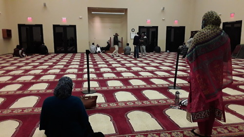 Women and men use the same entrance at the Muslim Community Center of Greater San Diego and pray in 