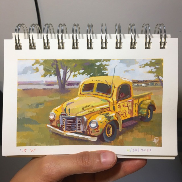 a painting of an old, rusty, vintage yellow truck.