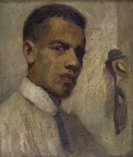 Self-Portrait, ca. 1913 by Lenwood Morris Oil on thick cardstock, with an oil sketch of a classroom interior on the verso, 32 x 26 cm. (12.6 x 10.2 in.) 