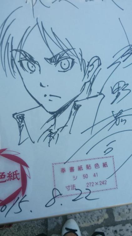 Various sketches of Levi, Armin, and Eren by Asano Kyoji (Both on display + via his fan autograph session) and the Shingeki no Kyojin chief animation director himself, as seen today via his new exhibition in Koga, Japan!Sources: 1, 2, 3, 4, 5, 6, 7, 8,