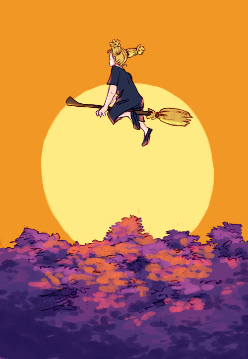 scouting ahead[ID: illustration of momo nishimiya from jujutsu kaisen flying over a forest. the sun 