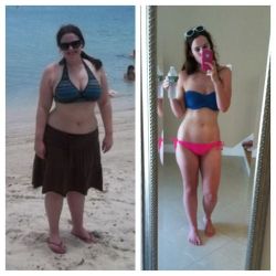 migrating-away:  An amazing, healthy change fit-and-skinny-kate: Thought a before and after might be better. Left: 175-180? Right: 130 5’4” Eat clean. Run. Lift weights. Stretch it out. 