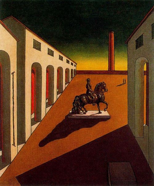 lionofchaeronea:Italian Plaza with Equestrian Statue, Giorgio de Chirico (1888-1978)