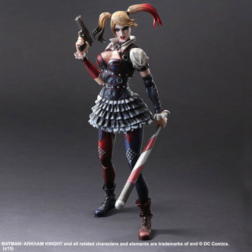 toysandstuff:  Play Arts Kai Batman: Arkham Knight Harley Quinn figureThe figure will include three sets of swappable hands,  two interchangeable head sculpts, a police cap, a stylized baseball bat,  a pistol, and a figure stand. The interchangeable heads