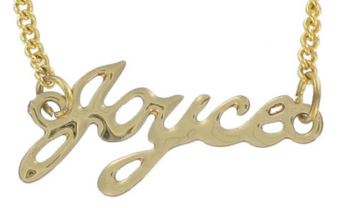 Obsession of the day:Gold, part 1.Vintage name necklace by Kensie Kitsch (they have Joyce!!!). Cleop