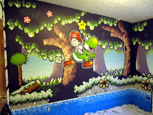 alienpanda:Amazing room painted in a Yoshi’s Island theme!!!