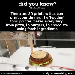 did-you-kno:  There are 3D printers that can print your dinner. The ‘Foodini’ food printer makes everything from pizza, to burgers, to chocolate using fresh ingredients.  Source
