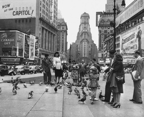  Mingling with the birds, Broadway and 42nd Street, Manhattan, New York City, 1947. 