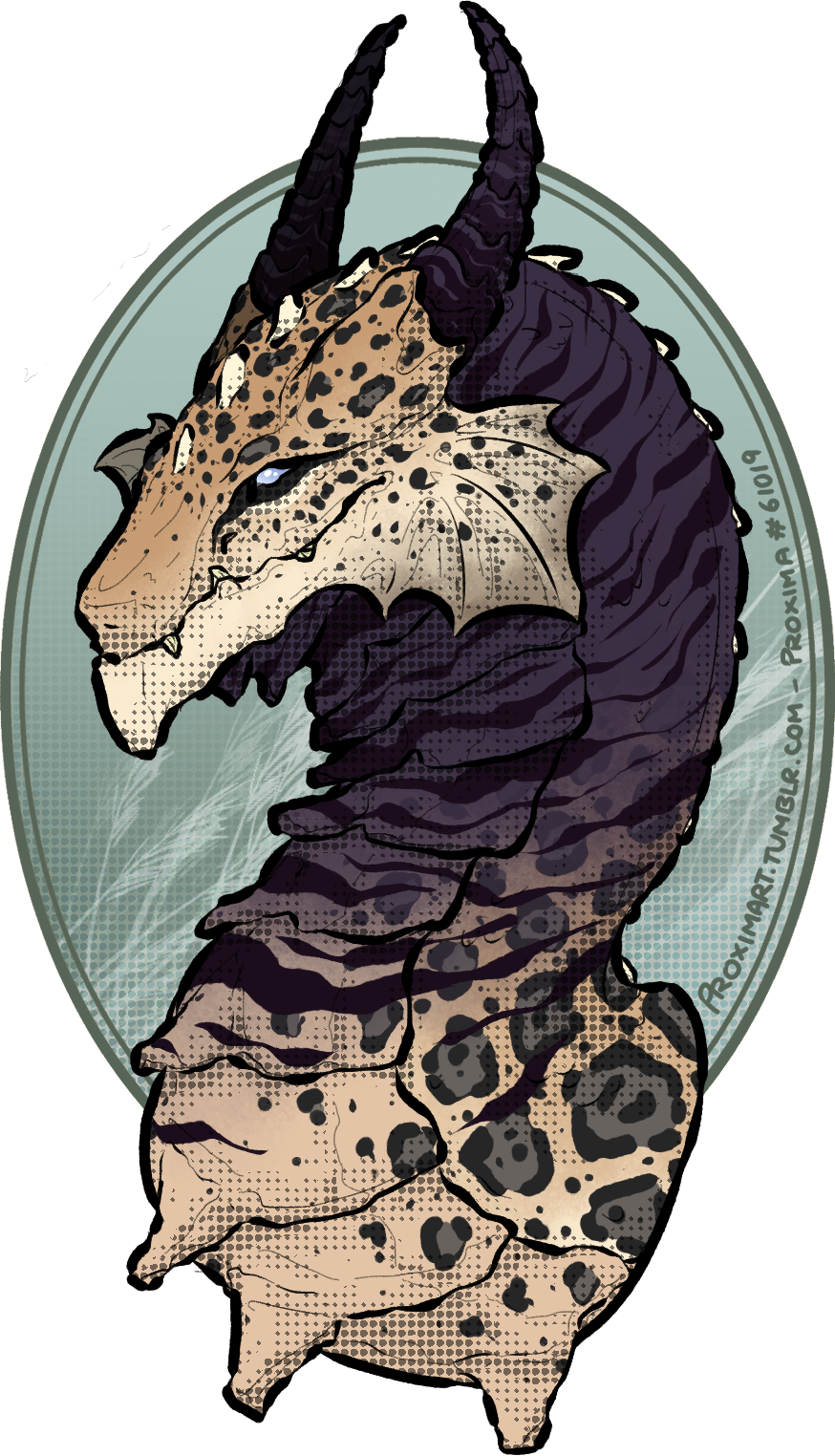 bust of a Flight Rising guardian dragon, drawn in a semi-realistic style with screentone shading. this one has tan jaguar and shadow okapi genes, and the background is a green-framed oval with pale wheat overlaying a pale blue-green gradient.