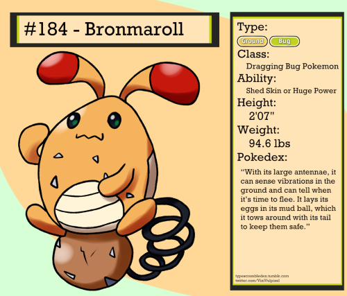 184 - BronmarollDragging Bug Pokemon“With its large antennae, it can sense vibrations in the ground 