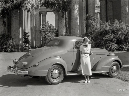 magicofoldies:A winsome lass and her Pontiac three-window coupe, 1935