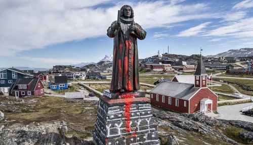 A statue in Nuuk, Greenland of Hans Egede, the Danish-Norwegian missionary and coloniser was vandali