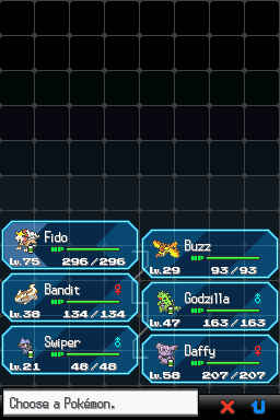 We’re not going to talk about what happened last time, because spoilers.Presenting our team:spoiler tags onThe journey of going everywhere on the map and beating the fully formed Elite Four and the Champion continues!Cue hysterical laughter.Geez.At