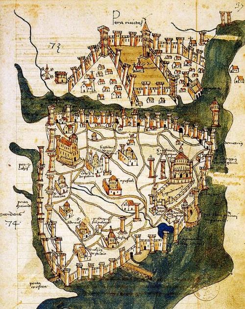 historiaestmagistravitae:Map of Constantinople, designed in 1422 by Florentine cartographer Cri