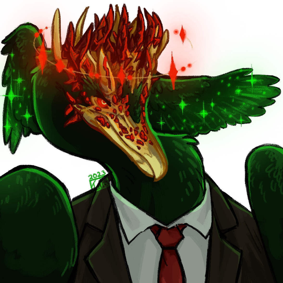 Digital artwork of an original character, depicted from the shoulders up. His body looks humanoid, wearing a suit, but he has large wings where his arms would be. His neck and head are that of a cormorant bird with glossy dark green feathers. The bird's beak is metallic gold, which extends further onto his face like a halfmask, and his eyes are deep crimson with rings of gold as irises. His expression looks stern and perhaps menacing. He has many golden horns, forming a shape somewhere between a crown and a deer's branching antler tines. Covering his horns and beak like a blood spatter are deep ruby crystalline growths. There are an extra set of wings behind his head, which glow with green stars. Around his crown is something like a halo of gold and red light.