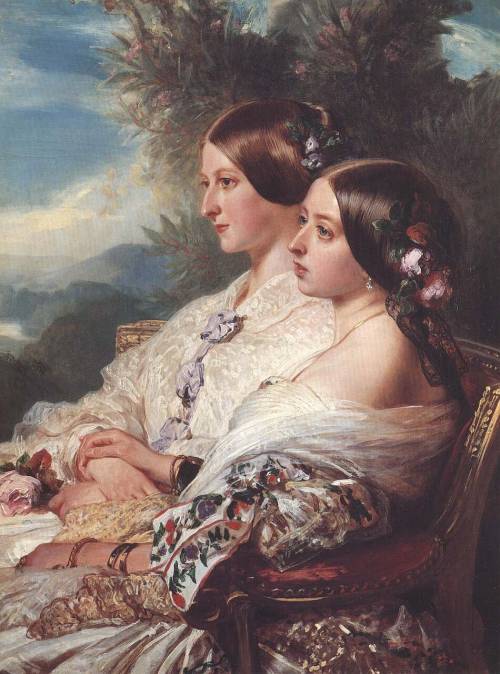 franz-xaver-winterhalter:The Cousins: Queen Victoria and Victoire, Duchesse de Nemours, 1852, Franz 
